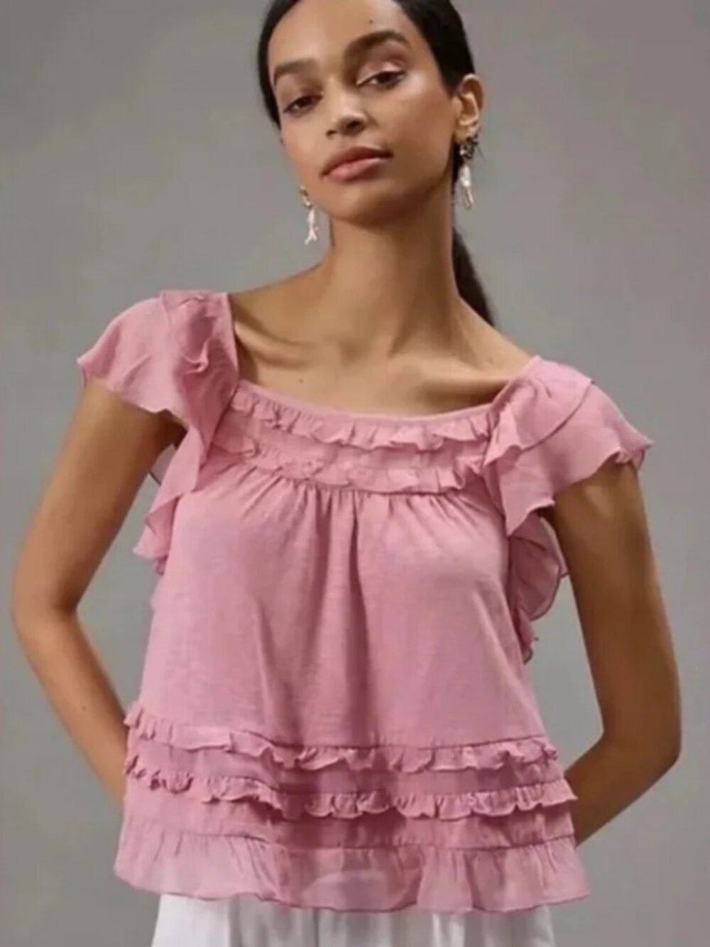 NWT Anthropologie Pink Ruffle Sleeve Top Small